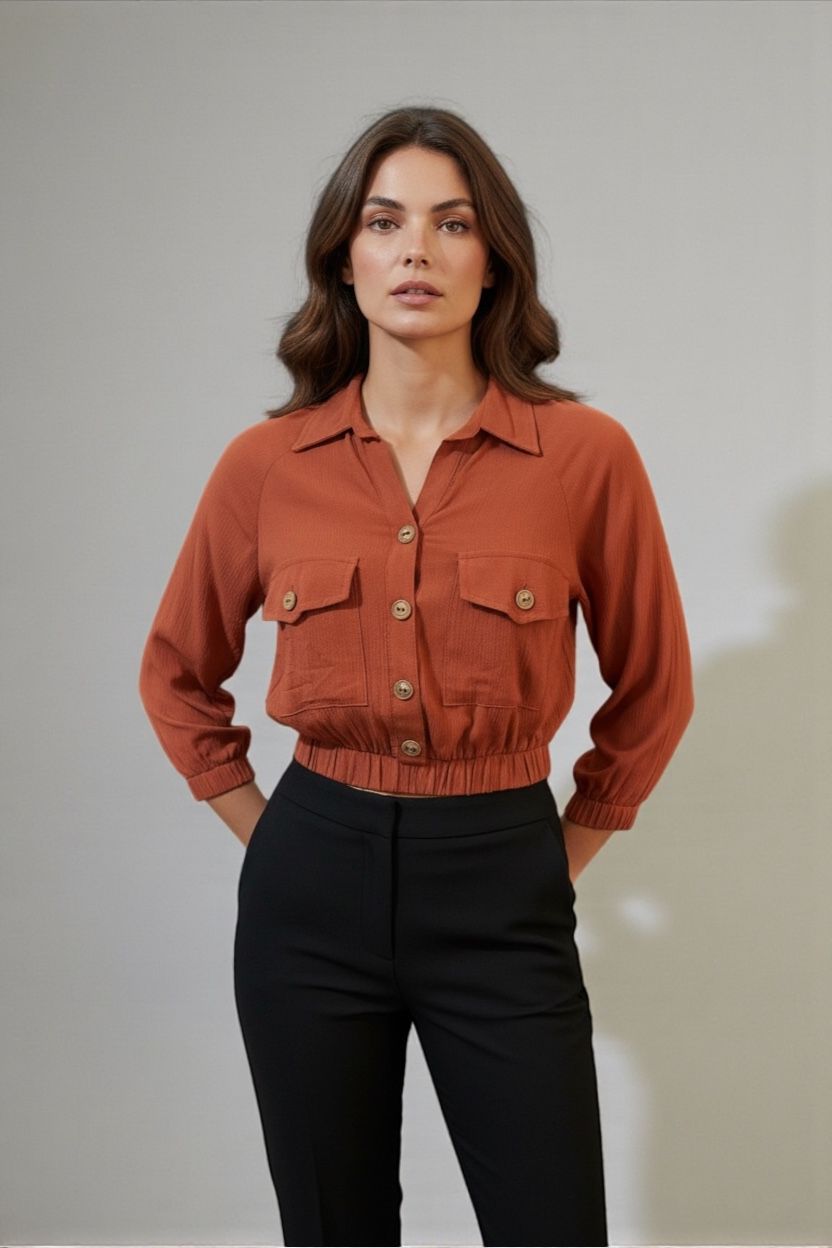 Blusa Manga 3/4 con Pretina y Bolsillos