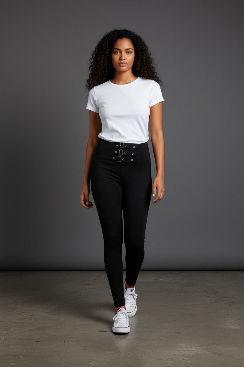 Leggins tiro alto con fajas frontales Slim Belt – Negro