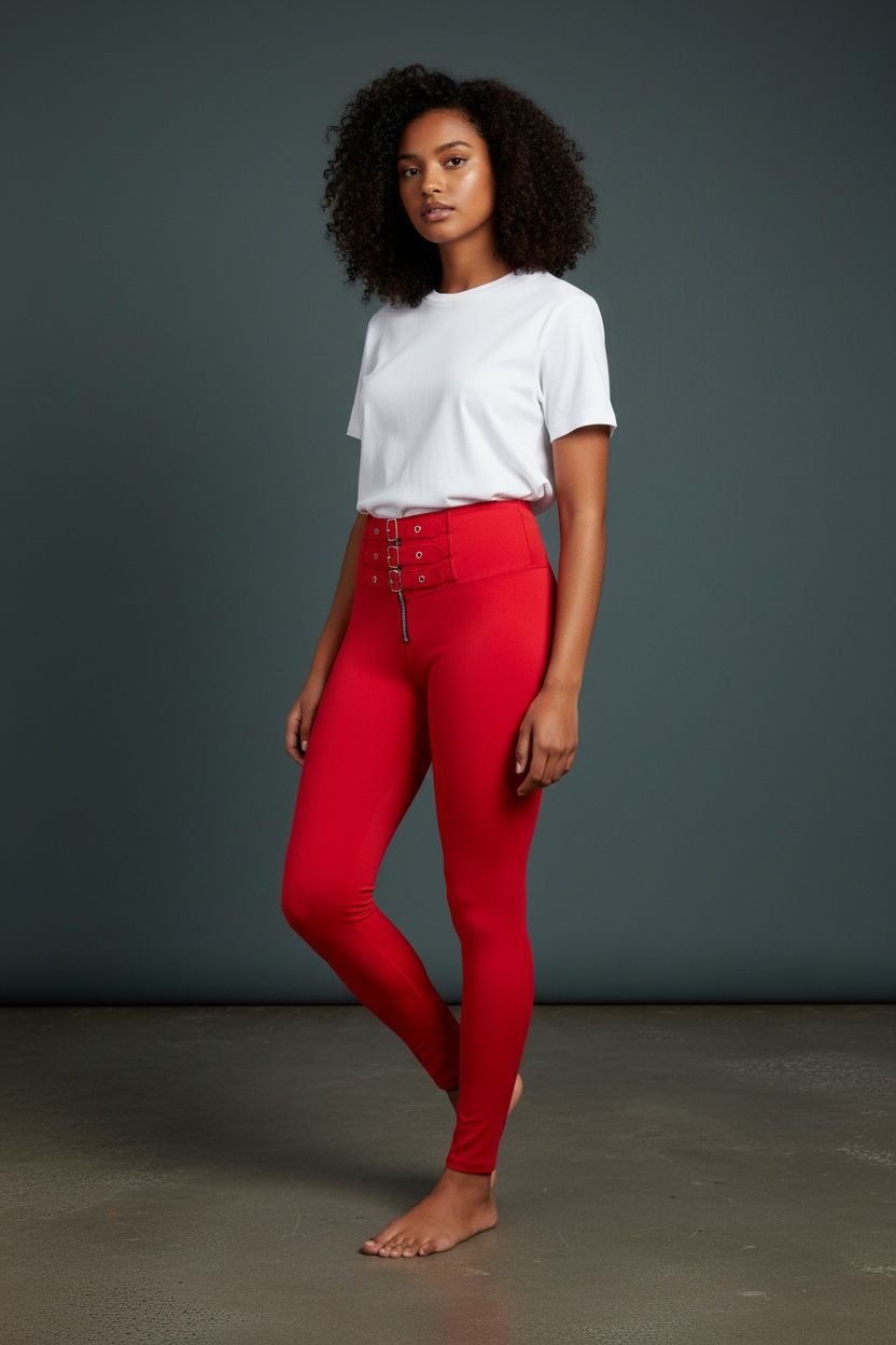 Leggins tiro alto con triple hebilla Power Belt – Rojo